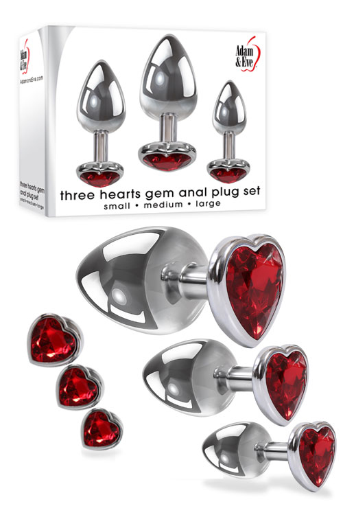 3 Piece Silver Butt Plug Anal Training Kit with Gem Heart Base
