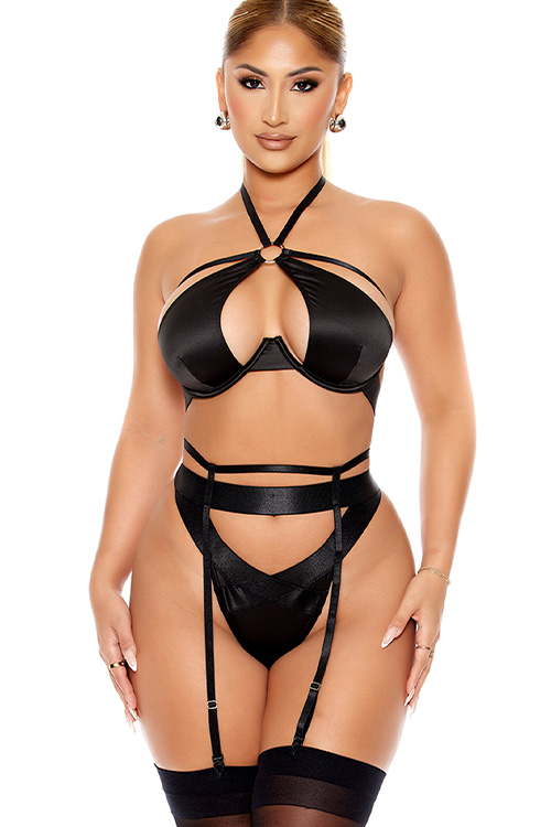 Soft Life 3 Piece Black Satin Bra Set with Garter Belt & Panty