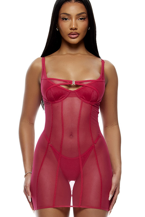 Layers To This Mesh & Knit 2 Piece Chemise & Thong Lingerie Set