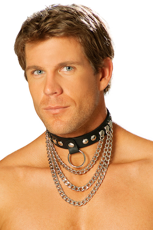 Bound In Black Mens Leather Collar with Chains & O Ring