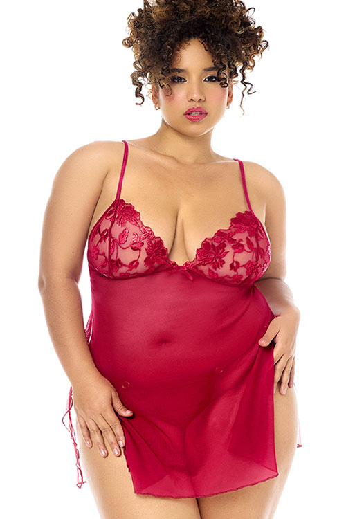 Crimson Desire 2 Piece Embroidered Babydoll & Thong Set